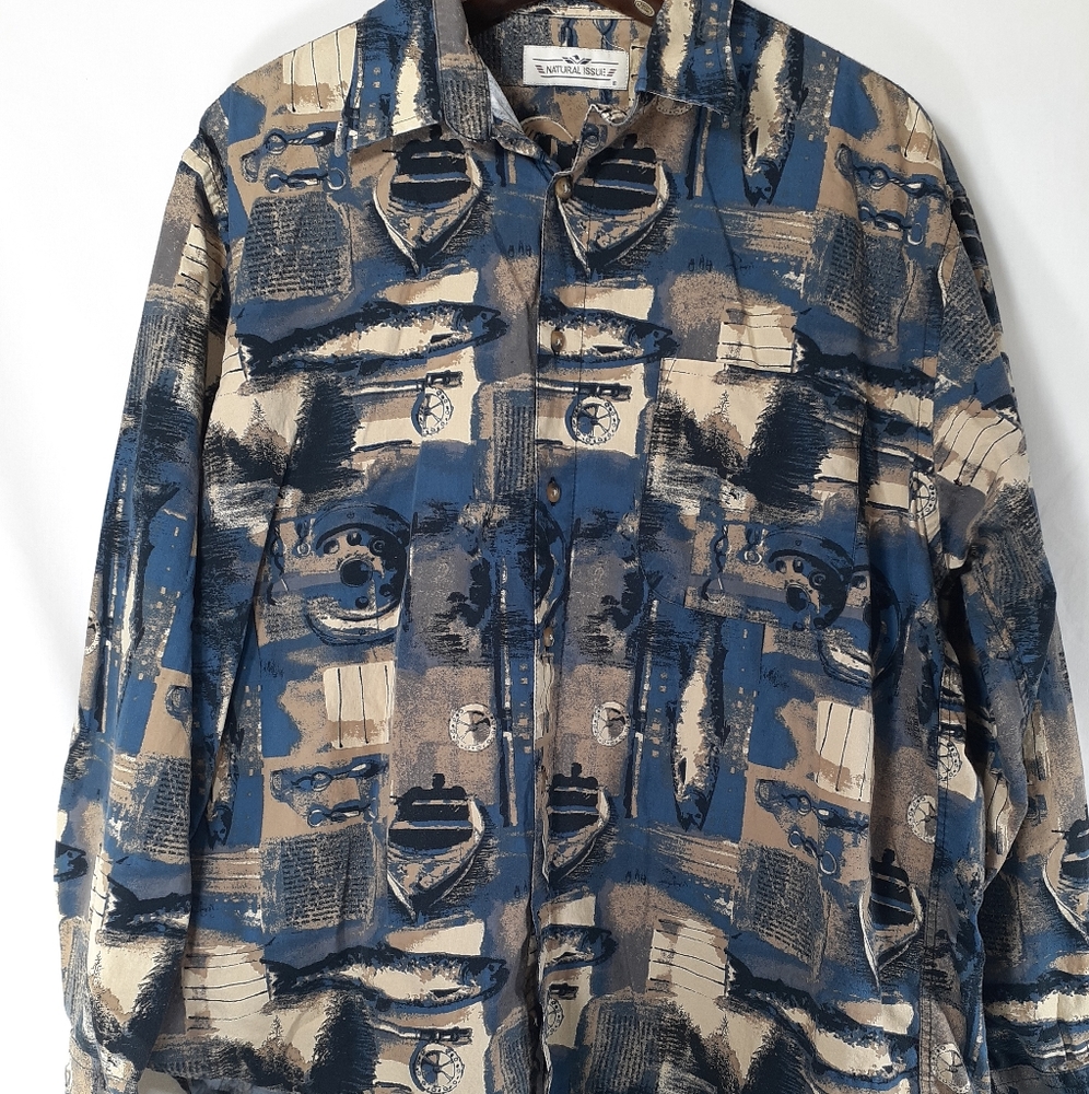 Natural Style Men's Abstract Print Button-Down Shirt - Blue/Tan